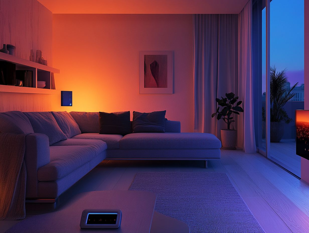 A modern setup of voice-activated smart lights in a contemporary living room.