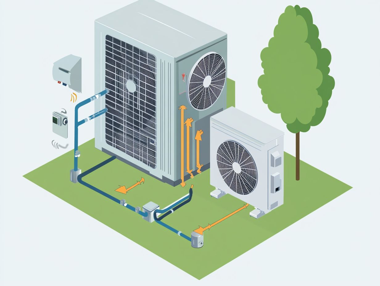 Illustration of a heat pump showing heating and cooling modes.