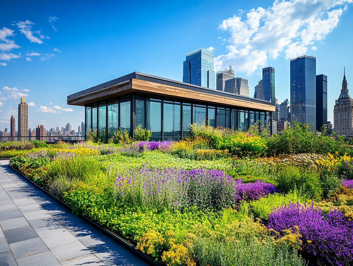 Illustration of the benefits of a green roof including energy savings and wildlife habitat