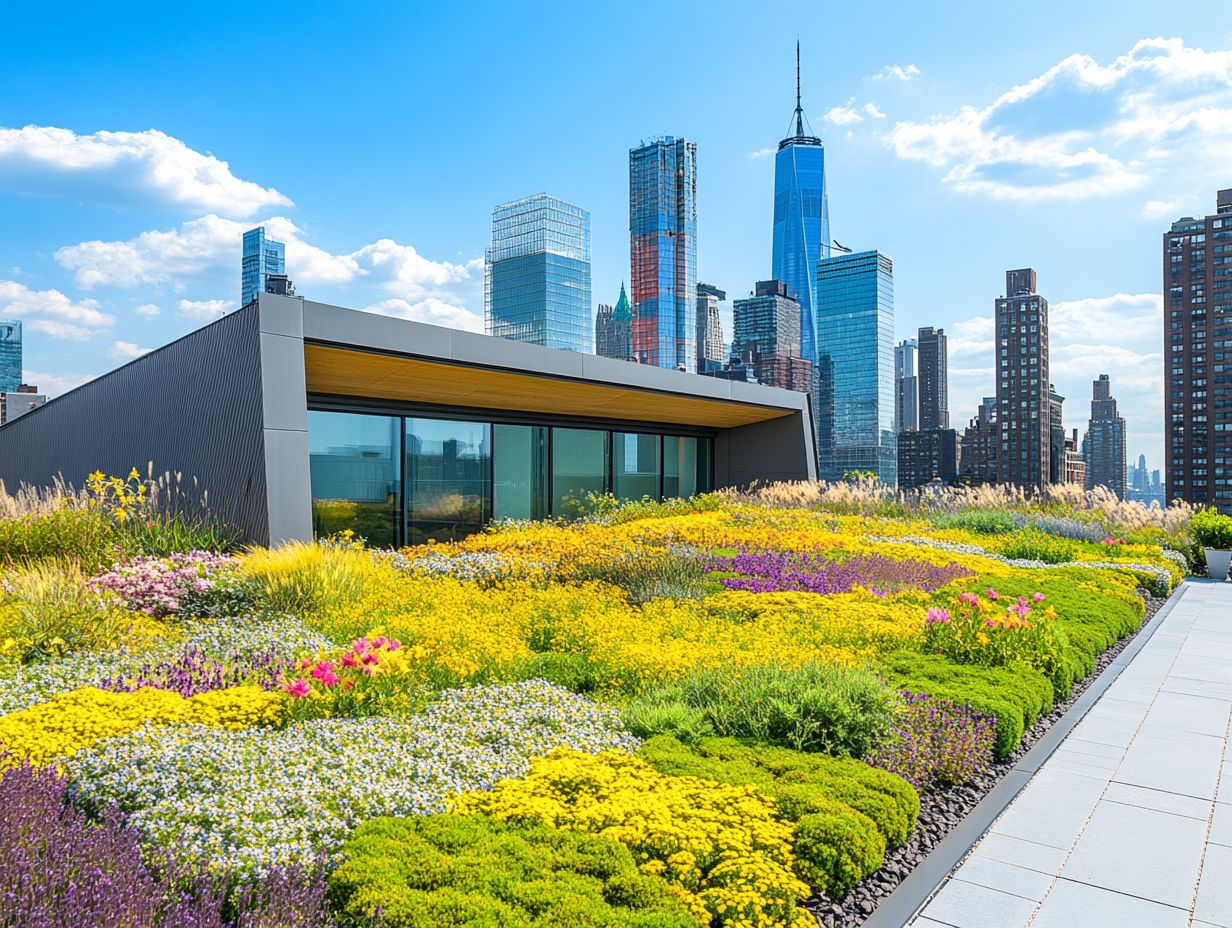 Illustration of successful green roofs combating urban heat and promoting biodiversity